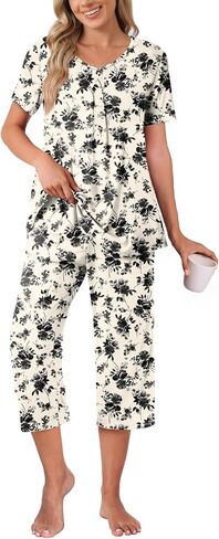 Anyally Women's Pajama Set Short Sleeve Shirt and Capri Pants Sleepwear Pleated Ladies Pjs Sets with Pockets in Saudi Arabia