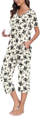 Anyally Women's Pajama Set Short Sleeve Shirt and Capri Pants Sleepwear Pleated Ladies Pjs Sets with Pockets in Saudi Arabia
