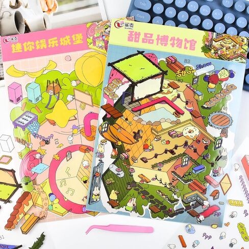 2 Sets DIY 3D Fun Large Size Envelope Postcard House Sticker Scenes with Tweezers Make Your Own Pumpkin Hot Springs Night Town Scene Stickers Micro Halloween Stickers for Relief Stress Pass The Time in Saudi Arabia