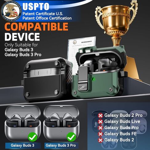 Secure Lock Case for Samsung Galaxy Buds3 Pro and Galaxy Buds 3 (2024), Drop-Proof Hard Cover with Cleaning Kit and Keychain, Galaxy Buds 3 Pro Accessories, Auto-Open in Kuwait