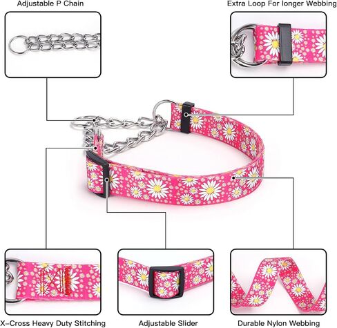 Martingale Dog Collar with Stainless Steel Chain - Cute Daisy Design Patterns Pet Collar for Large, Medium Dogs (Light Blue, Large) in Saudi Arabia