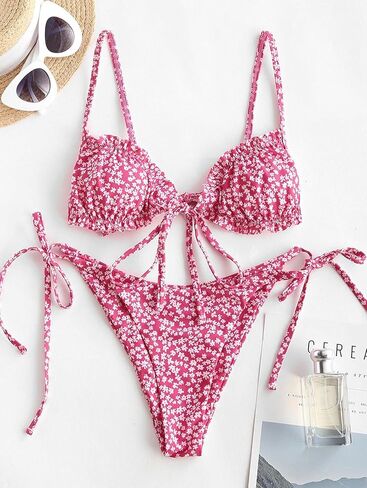 ZAFUL المرأة Ditsy الأزهار المطبوعة ملابس السباحة Underwire معقود سلسلة مثلث بيكيني عالية قطع صفيق مجموعة البكيني in Kuwait