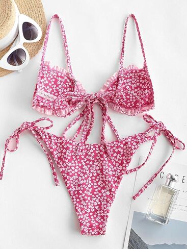 ZAFUL المرأة Ditsy الأزهار المطبوعة ملابس السباحة Underwire معقود سلسلة مثلث بيكيني عالية قطع صفيق مجموعة البكيني in Kuwait