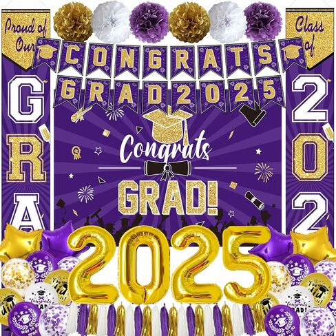 Ouddy Life Purple and Gold Graduation Decorations Class of 2025, 61Pcs Graduation Party Supplies Congrats Grad Backdrop Banner Door Porch Purple Gold Star Foil Balloon for College Campus School Decor in Saudi Arabia