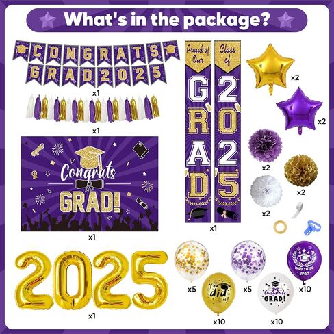 Ouddy Life Purple and Gold Graduation Decorations Class of 2025, 61Pcs Graduation Party Supplies Congrats Grad Backdrop Banner Door Porch Purple Gold Star Foil Balloon for College Campus School Decor in Saudi Arabia