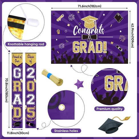 Ouddy Life Purple and Gold Graduation Decorations Class of 2025, 61Pcs Graduation Party Supplies Congrats Grad Backdrop Banner Door Porch Purple Gold Star Foil Balloon for College Campus School Decor in Saudi Arabia