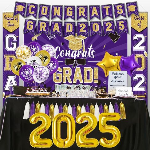 Ouddy Life Purple and Gold Graduation Decorations Class of 2025, 61Pcs Graduation Party Supplies Congrats Grad Backdrop Banner Door Porch Purple Gold Star Foil Balloon for College Campus School Decor in Saudi Arabia