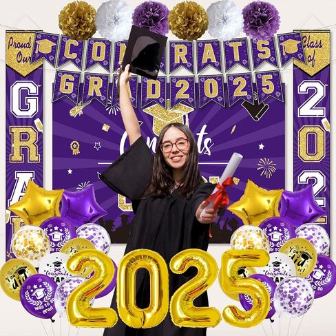 Ouddy Life Purple and Gold Graduation Decorations Class of 2025, 61Pcs Graduation Party Supplies Congrats Grad Backdrop Banner Door Porch Purple Gold Star Foil Balloon for College Campus School Decor in Saudi Arabia