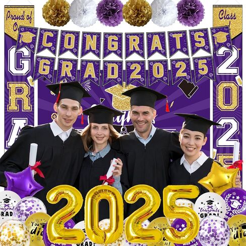 Ouddy Life Purple and Gold Graduation Decorations Class of 2025, 61Pcs Graduation Party Supplies Congrats Grad Backdrop Banner Door Porch Purple Gold Star Foil Balloon for College Campus School Decor in Saudi Arabia