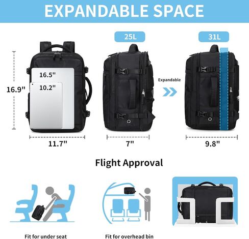 Travel Backpack for Women Carry On Flight Approved Casual Daypack Expandable 2" Laptop Backpack, 17inch 32 liters Black in Kuwait