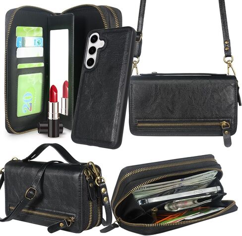 Harryshell Compatible with Samsung Galaxy S25+ Plus Case Wallet Multi Zipper Detachable Removable Cover Purse with Card Slots Holder Mirror Crossbody Wrist Strap for 6.7 inch (Crocodile Teal) in Kuwait