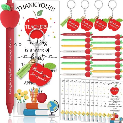 Kosiz 24 Sets Teachers Appreciation Gifts Bulk Teacher Gifts for Women Men Include Retractable Ballpoint Pens Thank You Keychain Inspirational Greeting Card with Ties (Apple) in Saudi Arabia
