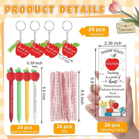 Kosiz 24 Sets Teachers Appreciation Gifts Bulk Teacher Gifts for Women Men Include Retractable Ballpoint Pens Thank You Keychain Inspirational Greeting Card with Ties (Apple) in Saudi Arabia