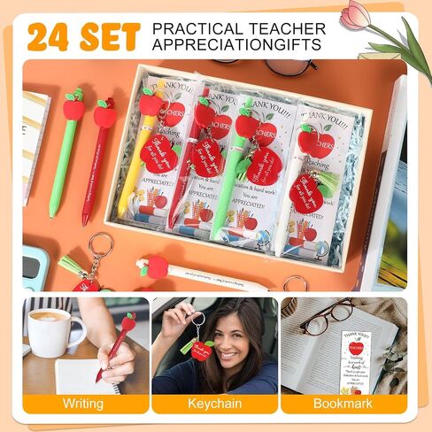 Kosiz 24 Sets Teachers Appreciation Gifts Bulk Teacher Gifts for Women Men Include Retractable Ballpoint Pens Thank You Keychain Inspirational Greeting Card with Ties (Apple) in Saudi Arabia