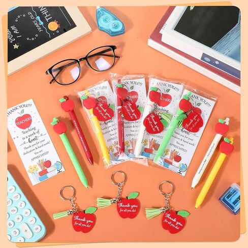 Kosiz 24 Sets Teachers Appreciation Gifts Bulk Teacher Gifts for Women Men Include Retractable Ballpoint Pens Thank You Keychain Inspirational Greeting Card with Ties (Apple) in Saudi Arabia