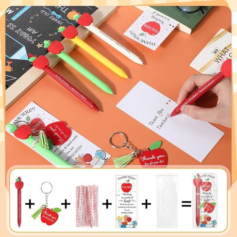 Kosiz 24 Sets Teachers Appreciation Gifts Bulk Teacher Gifts for Women Men Include Retractable Ballpoint Pens Thank You Keychain Inspirational Greeting Card with Ties (Apple) in Saudi Arabia