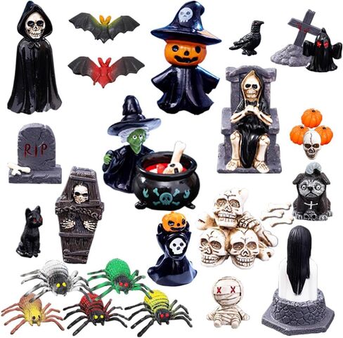 32Pcs Halloween Mini Figurines Set, Include Miniature Skull Heads Crow Tombstone Plastic Bat Spider Pumkin for Dollhouse Accessories Garden Decor Village Collections in Saudi Arabia