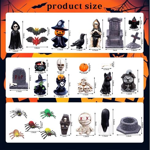 32Pcs Halloween Mini Figurines Set, Include Miniature Skull Heads Crow Tombstone Plastic Bat Spider Pumkin for Dollhouse Accessories Garden Decor Village Collections in Saudi Arabia