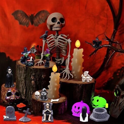 32Pcs Halloween Mini Figurines Set, Include Miniature Skull Heads Crow Tombstone Plastic Bat Spider Pumkin for Dollhouse Accessories Garden Decor Village Collections in Saudi Arabia