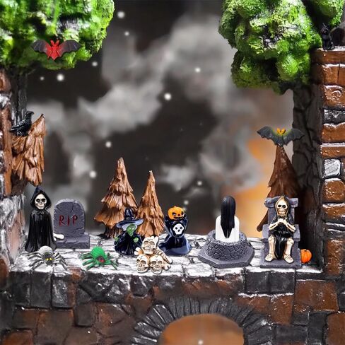 32Pcs Halloween Mini Figurines Set, Include Miniature Skull Heads Crow Tombstone Plastic Bat Spider Pumkin for Dollhouse Accessories Garden Decor Village Collections in Saudi Arabia