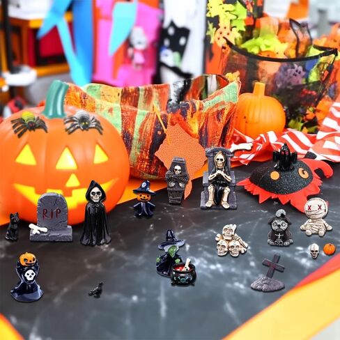 32Pcs Halloween Mini Figurines Set, Include Miniature Skull Heads Crow Tombstone Plastic Bat Spider Pumkin for Dollhouse Accessories Garden Decor Village Collections in Saudi Arabia
