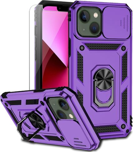 for iPhone 13 Mini Case with Camera Lens Cover HD Screen Protector, Dual Layer Military Grade Drop Protection Magnetic Ring Holder Kickstand Protective Phone Case for iPhone 13 Mini 5.4 inch (Navy) in Kuwait