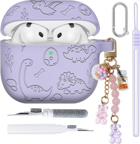 Silicone Cover for AirPods 4 Case Engraved - Cute Dino Animal Engraved Protective Case Skin for AirPods 4th Generation Case with Magnetic Lanyard, Adjustable Wrist Strap 5 in1 Set Gen 4th Case - Green in Saudi Arabia