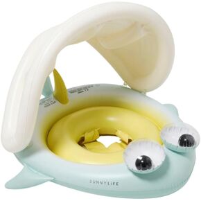 SUNNYLiFE Baby Float - Salty The Shark Blue-Lime. Designed for Babies Aged 1-2 or 24-33lbs. with Removable Sun Canopy, Soft Leg Supports and Inflatable Head Rest for Comfort. Durable Non-Toxic PVC