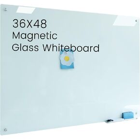 Magnetic Glass Dry Erase Board White Board 48"x 36" Wall Mounted Whiteboard, Large Frameless White Board