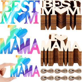 Gerrii 80 Pcs 4.7 Inch Mother's Day Unfinished Wood Crafts for Kids Painting DIY Best Mom Cutouts to Paint Hanging Wooden Letters Ornaments for Mother's Day Gifts Bulk Birthday Party Decorations