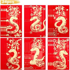 Mity rain 24PCS Red Envelope Snake 2025, Chinese New Year Red Envelopes for Lucky Money, Hong Bao Gift Lucky Money Envelopes with 6 Design, 3.5 × 6.7in