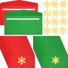 Epakh 100 Pcs #10 Christmas Envelopes with 120 Pieces Christmas Snowflake Seal Stickers Red and Green Envelopes Self Adhesive for Holiday Mail Gift Wrapping(Gold,Classic Style)