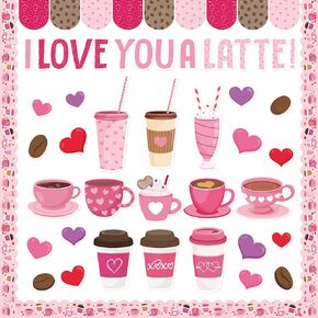 139Pcs Valentine’s Day Bulletin Board Classroom Decoration Set Coffee Cup Cutouts Heart Banner Name Tags Coffee Theme Valentines Party Supplies Home School Classroom Chalkboard Wall Decor
