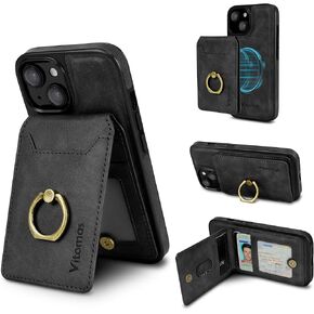 حقيبة محفظة بطاقة 2-in-1 قابلة للفصل مع حلقة دوارة لـ iPhone 15 مع حامل البطاقة (6.1 ") ، RFID LOCKING PU LEAME