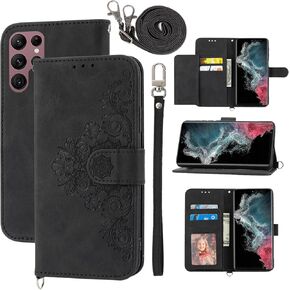 Wallet Case for Samsung Galaxy S22 Ultra 5G with Wrist Strap Shoulder Strap, Embossed PU Leather Flip Credit Slim Stand Cell Phone Cover for S22ultra 22S S 22 S22ultra5g 6.8 Women Girls Pink