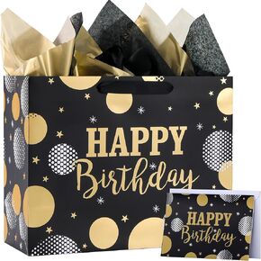 SUNCOLOR 13" Large Black Happy Birthday Gift Bag with Tissue Paper and Card – Gift Bag for Men’s Birthday