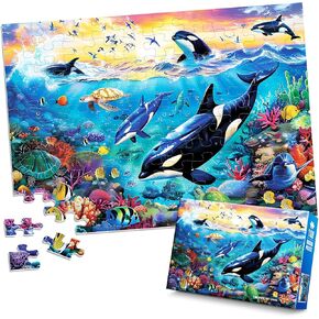 100 Piece Puzzles for Kids Ages 4-8 - Grinning Shark Marine Life - Jigsaw Puzzles for Kids Ages 3-5 6-8 8-10 Year Old Colorful Undersea World Puzzles for Boys and Girls Educational Learning Toys
