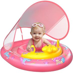 WayEee Baby Pool Float with UPF50+ Canopy - Inflatable Swim Float, Adjustable Safety Seat, Toy Play Console, Sun Protection for Baby 6-36 Months, Infant, Todder Summer Gift, Pool, Bathtub, Beach