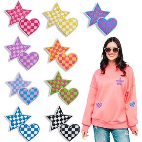18 PCS مكواة مدققة على بقع للملابس ، 9 ألوان Heart & Star Patches Hats الحديد على مجموعة مطرزة لأكياس الملابس قبعات جينز جاكيتات الجينز DIY