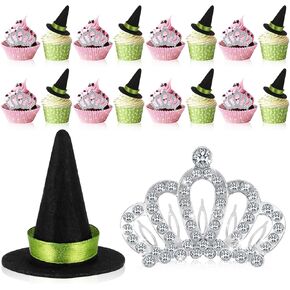 16 PCS Witch Hat و Crown Cupcake Topcake Topcake Witch Theme Party Dessert Food Topper Decorations for Pink and Green Party Decorations Princess Birthday Cake Supplies
