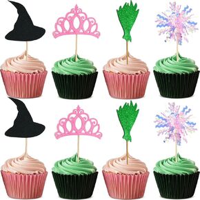 24pcs Pink and Green Cake Cupcake Decorations, Witch Hat Cupcake Topper Crown Cupcake Topper Dessert Food Safe Cake Decorations for Witch Themed Party Decorations