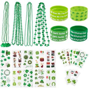Whaline 94pcs St. Patrick's Day Shamrock Accessories Set مجموعة 12 Clover Rubber Wristbands Bracelet 12 Necklace و 70 PCS Tattoo Tattoo Decord For St. Patrick Irish Supplies