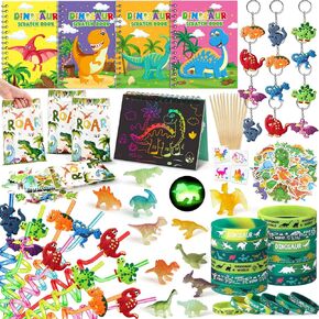 حفلات الحفلات الديناصورات لوازم عيد الميلاد ، دفاتر Dino Scratch Straw الرسم ، حقيبة هدايا ، حقيبة هدايا ديناصورات