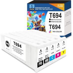 Remanufactured Extra High Yield T694 Ink Cartridge 700ML Combo 5 Pack,T6941 T6942 T6943 T6944 T6945 Ink Compatible with SureColor T3000 T3720 T5000 T5720 T7000 T7270 Printer(PBK/MBK/C/M/Y)