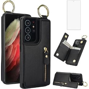 Asuwish Phone Case for Samsung Galaxy S22 Ultra 5G Wallet with Tempered Glass Screen Protector Cover and Cell Stand Zipper Cash Card Holder Slot Ring S22ultra 22S S 22 S22ultra5g 6.8 Women Rose Gold