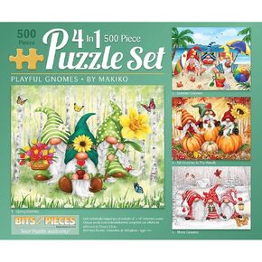 Bits and Pieces – 4-in-1 Multi-Pack 1000 Piece Jigsaw Puzzles for Adults – Playful Gnomes'Jigsaw Puzzle Set Bundle by Makiko, Completed Puzzle Size: 20" x 27"
