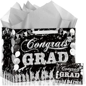 Red Black Graduation Gift Bag 2025 Graduation Party Supplies Congrats Grad Gift Bag with Wrapping Paper and Card Class of 2025 Wrapping Paper Bag Goodie Bags for Senior Junior College Graduate Party