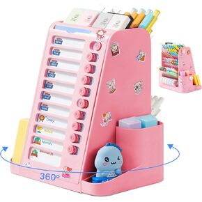 ZZWS 360-Degree Rotating Desk Organizer, 11 Slots Pencil Holder for Desk, Spinning Pen Holder with Chores Chart, Desktop Storage Stationery Supplies Organizer for Office, School, Home
