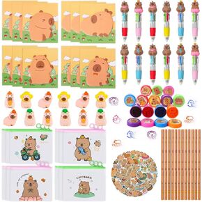 122pcs Capybara Party Party Favors ، Goodie Bags Stuffers for Kids with 4 in-1 Point Pens Sticky Notes Stampers ملصقات ، أشياء Capybara لزخارف حفلة عيد ميلاد Capibara