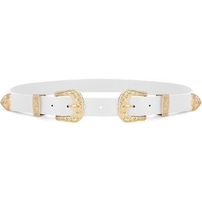 WHIPPY Vintage Western Leather Belt for Women Double Buckle Retro Cowgirl Waist Belts for Jeans Pants and Dresses Black